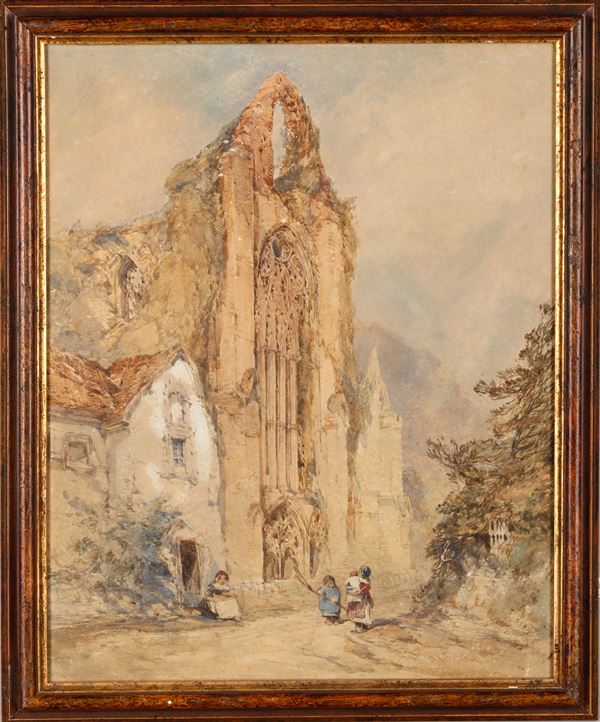 Artista del XIX secolo Veduta di città con cattedrale