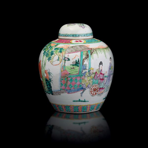 Potiche in porcellana Famiglia Rosa raffigurante scena di vita comune, Cina, Dinastia Qing, inizio XX secolo