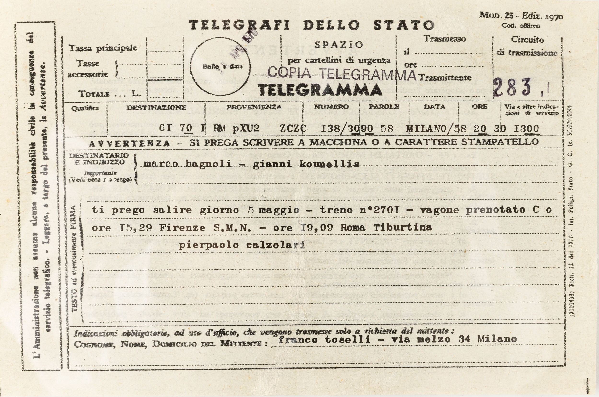 Pierpaolo Calzolari - Senza titolo (Il treno), telegrammi, biglietti postali e buste