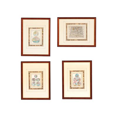 Lotto di Quattro Arte Geografiche Colorate Ad Acquarello