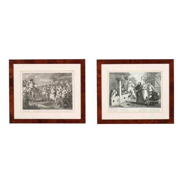 Coppia in incisioni con cornice in piuma di mogano. XIX secolo
