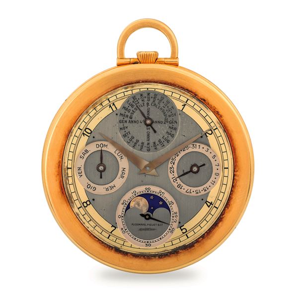 Orologio da tasca con calendario perpetuo e fasi lunari in oro rosa 18k, quadrante in tre colori, circa  [..]