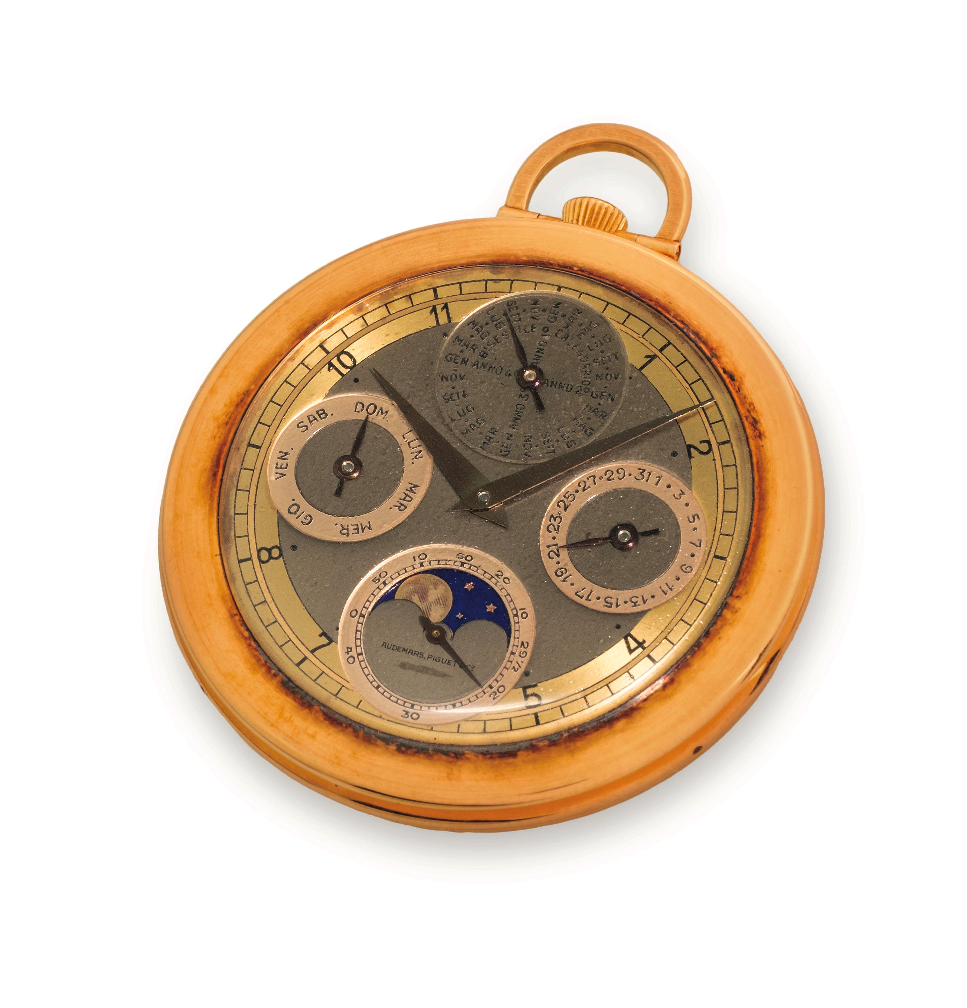 Audemars Piguet - Orologio da tasca con calendario perpetuo e fasi lunari in oro rosa 18k, circa ...