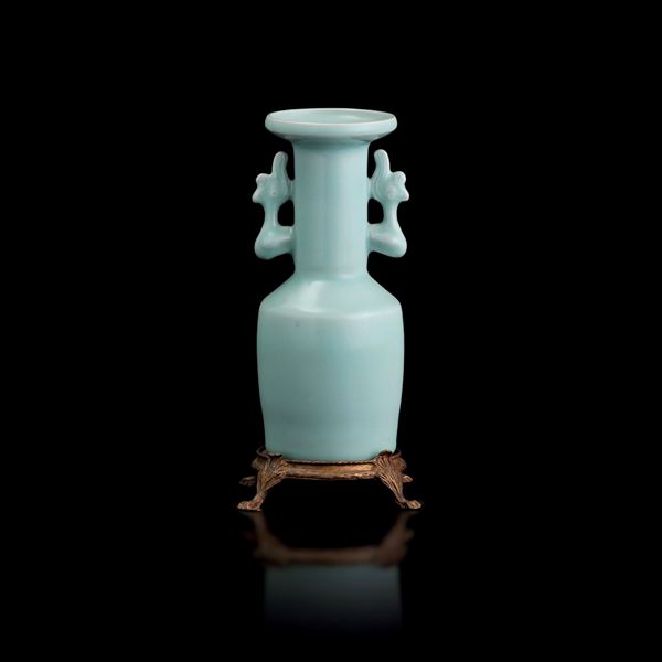 Two-handled Celadon porcelain vase with incised characters and provenance marks, China, Song Dynasty (960–1279)