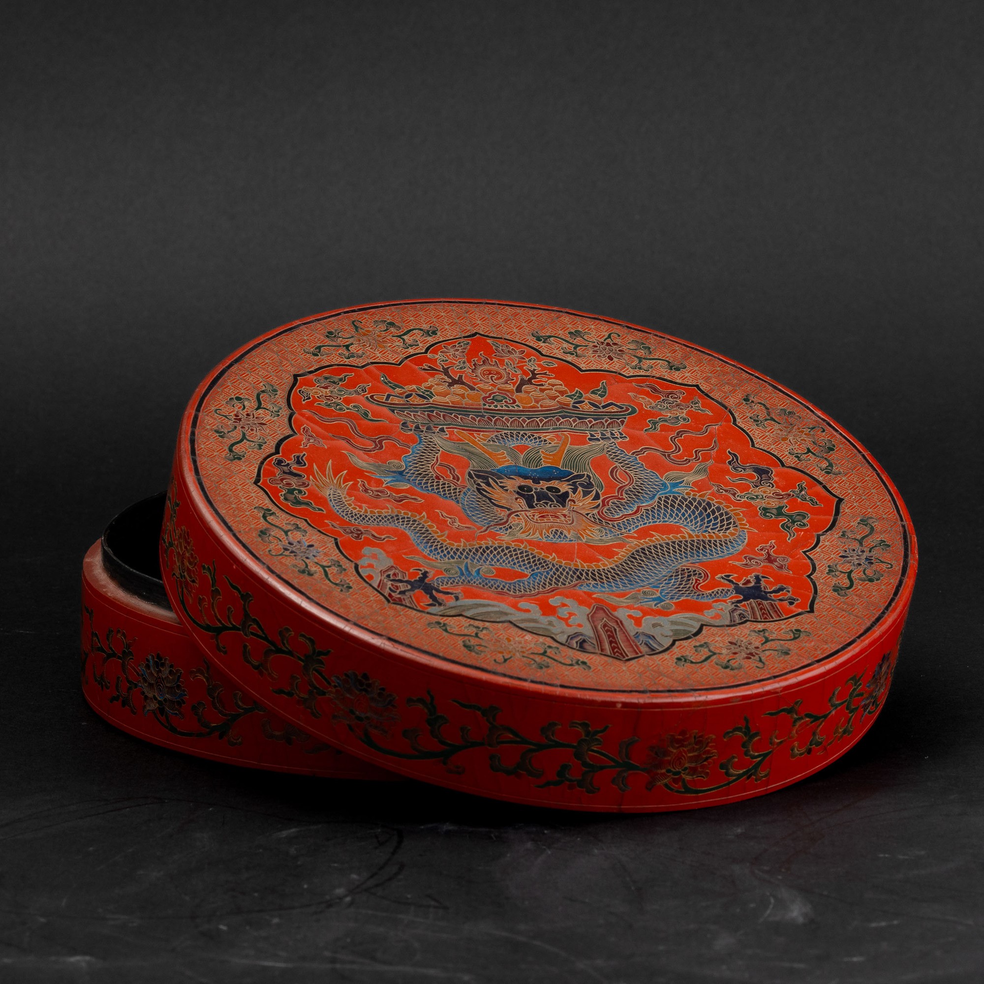 Scatola in legno laccato con drago e decori vegetali e geometrici, Cina, XIX secolo