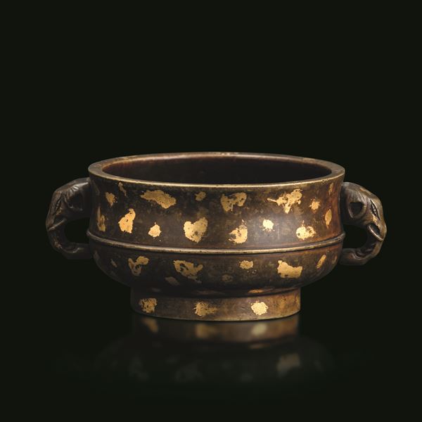 Bronze incense burner with gilt splashed decoration and elephant-shaped handles, China, 18th century