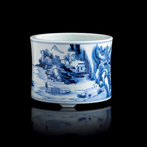 Brush holder in blue and white porcelain depicting a mountain scene, China, Qing Dynasty, Kangxi period (1662–1722)