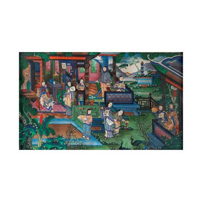 Rara Coppia di Dipinti con Inserti di Madreperla Raffiguranti Scena di Vita Comune, Cina, Dinasti...