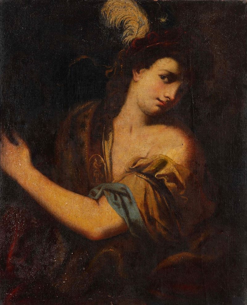Scuola del XVII secolo Figura di giovane con cappello piumato