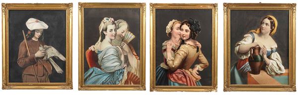 Artista del XIX secolo Quattro litografie raffiguranti figure femminili