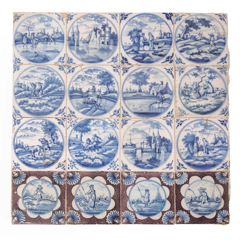 Sedici piastrelle. Delft, XVIII secolo.  - Asta Maioliche e Porcellane - Cambi Casa d'Aste