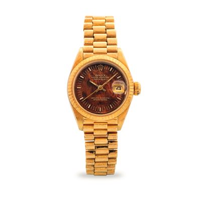 Oyster Perpetual Lady Datejust ref 6917/8, oro giallo con quadrante in radica, circa 1980