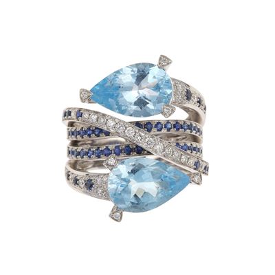 Anello a fasce intrecciate in oro bianco 750/1000 con diamanti, zaffiri e acquemarine