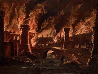 Notturno con incendio, olio su tela