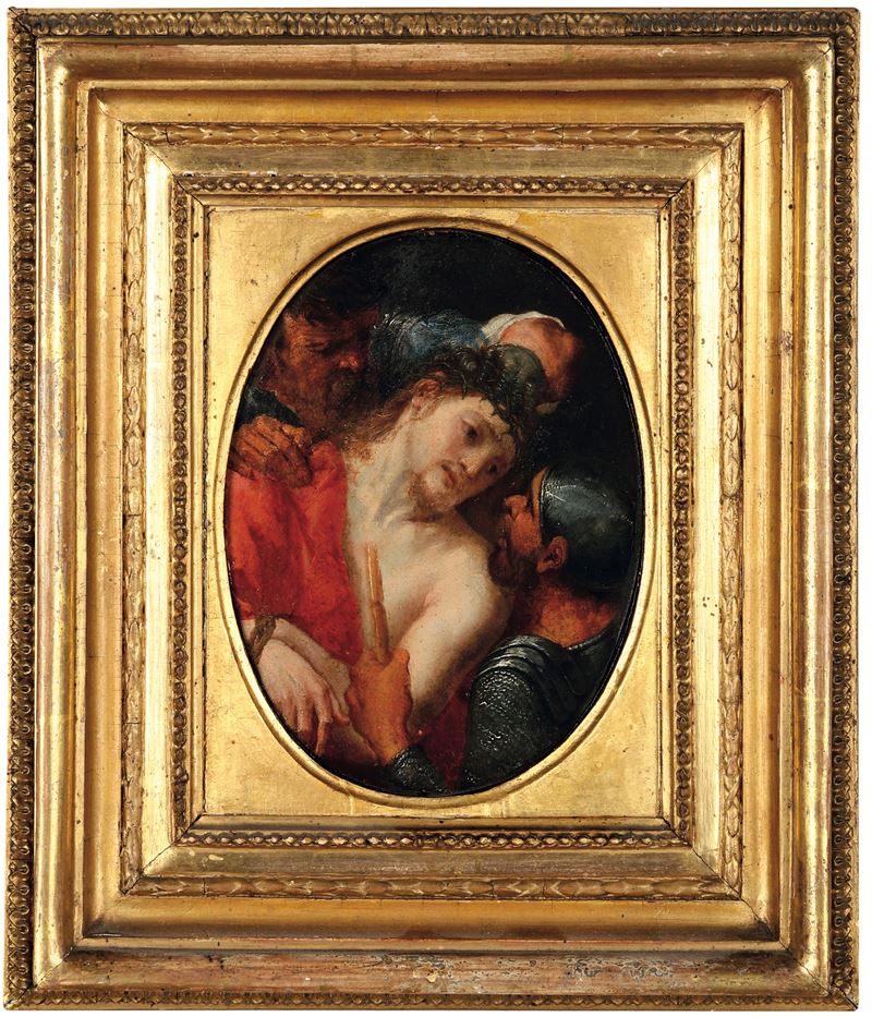 Nicola Bertuzzi detto l'Anconitano : Cristo deriso  - olio su rame ovale - Asta Dipinti Antichi - I - Cambi Casa d'Aste