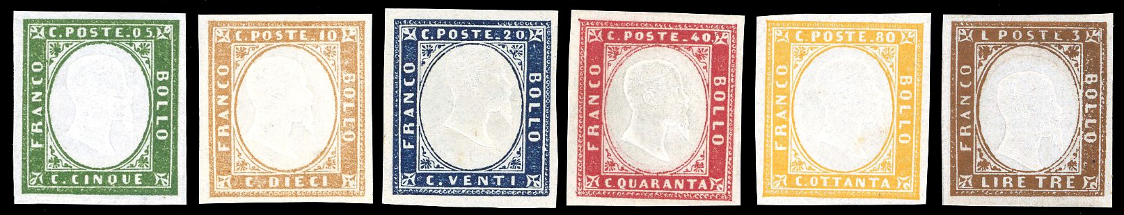 Sardegna, IV emissione (1861-1863), serie completa nelle tonalità più comuni (13E/18A)