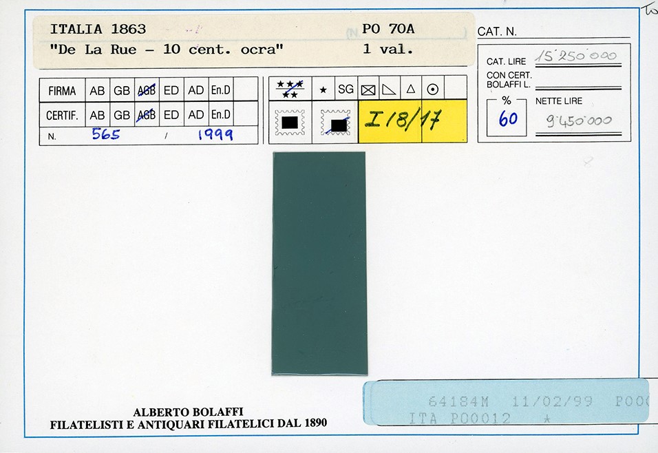 Regno d'Italia, 10 cent. De La Rue, tiratura di Londra (L17)