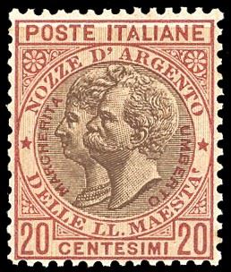 REGNO D'ITALIA 1893 - 20 cent. rosso bruno e bruno Nozze d'argento, non emesso (64A)