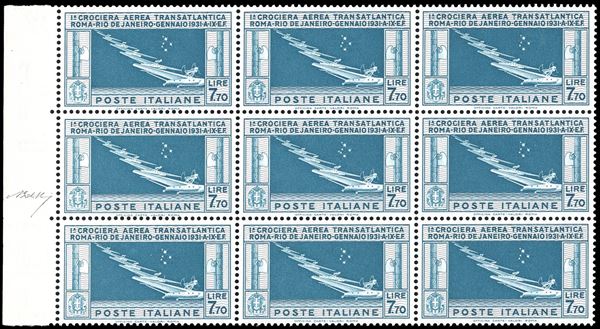 REGNO D'ITALIA - POSTA AEREA 1930 - 7,70 lire Crociera Balbo, blocco di nove francobolli con l'esemplare al centro con varietà "sette stelle" (25a,25)