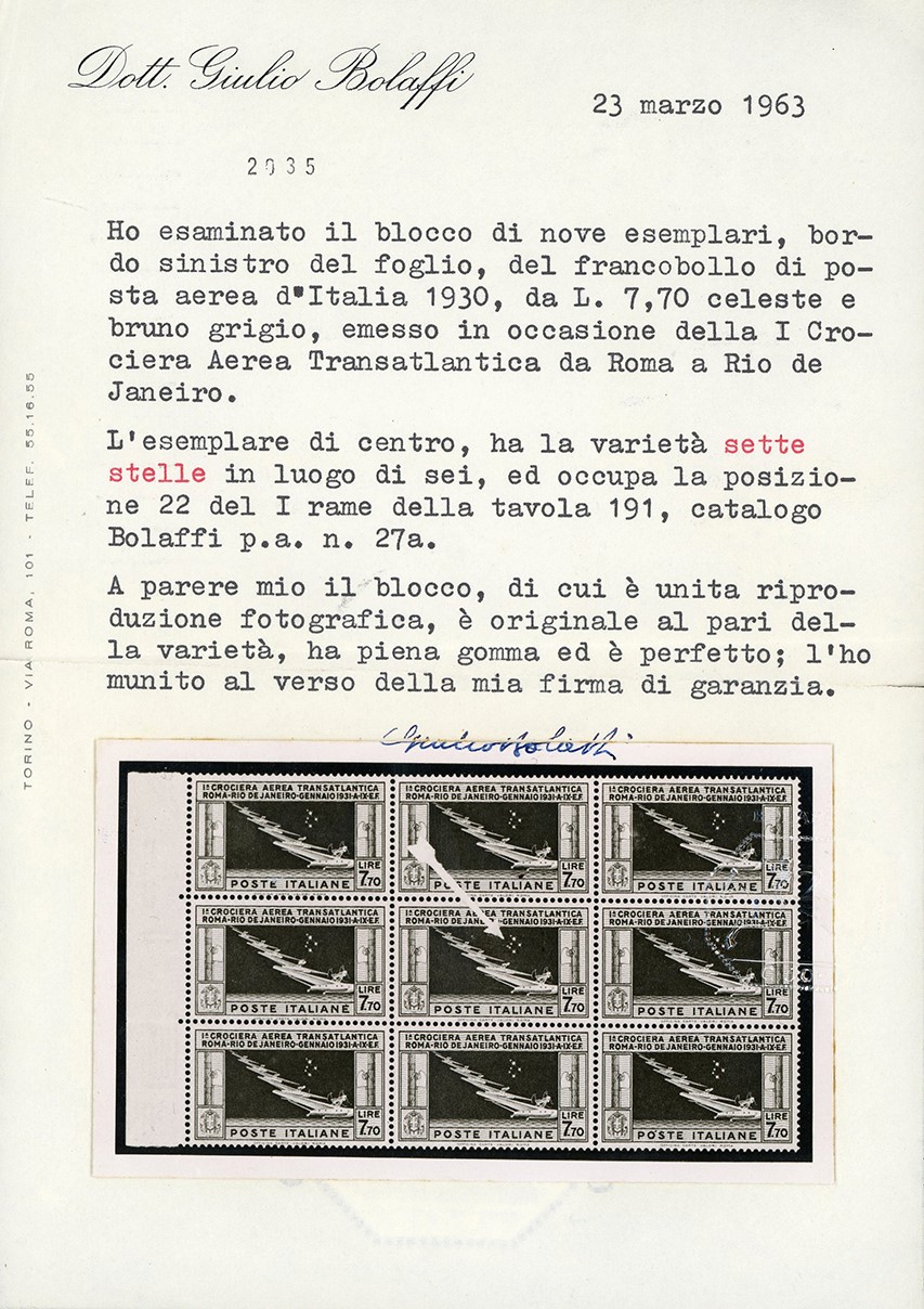 Regno D'italia - Posta Aerea 1930 - 7,70 Lire Crociera Balbo, Blocco di Nove Francobolli con L'es...