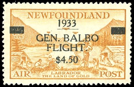NEWFOUNDLAND AIRMAIL-BRITISH COLONIES 1933 - 4,50 $ soprastampato, Crociera Balbo (S.G.235)