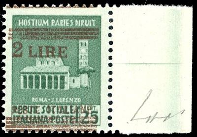 Luogotenenza 1945 - 25 Cent. Monumenti Distrutti, Soprastampa in Rosso Bruno (525a),