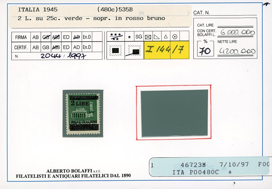 Luogotenenza 1945 - 25 Cent. Monumenti Distrutti, Soprastampa in Rosso Bruno (525a),