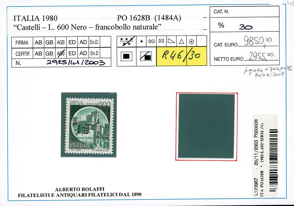 Repubblica Italiana 1980 - 600 Lire "castello Nero", Francobollo Naturale (bolaffi 1628b Punti 11...