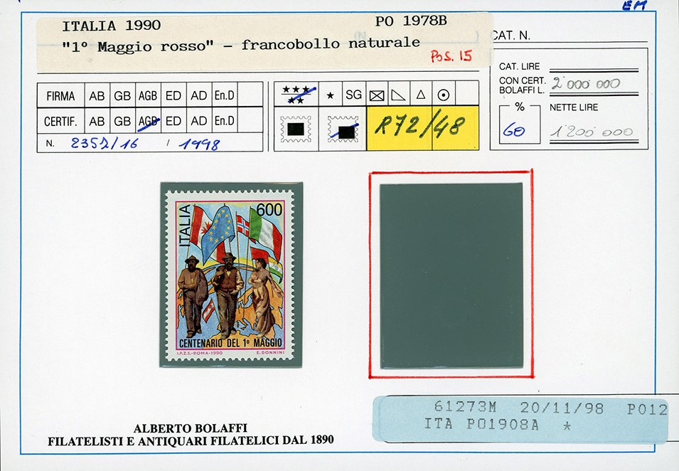 Repubblica Italiana, 600 lire I maggio rosso, francobollo naturale