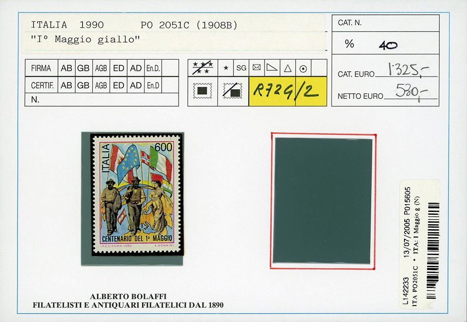 Repubblica Italiana, 600 Lire I Maggio Giallo, Francobollo Naturale 1990 (Bolaffi 2051C)