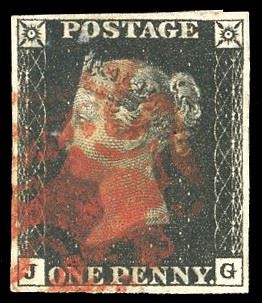 GRAN BRETAGNA 1840 - 1 penny nero Penny Black, lettere "J-G" (1)