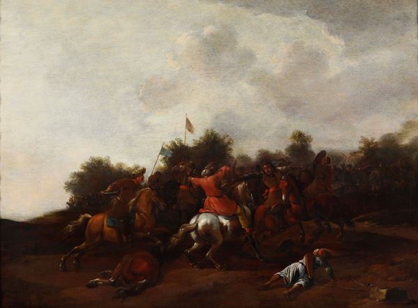 Scuola fiamminga del XVIII secolo Scontro di cavalleria