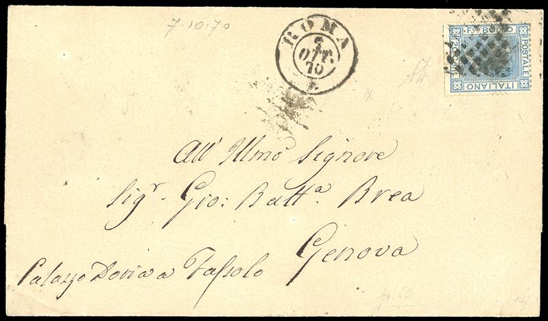 PONTIFICIO - PRESA DI ROMA 1870 - 20 cent. azzurro  - Auction Philately - Cambi Casa d'Aste