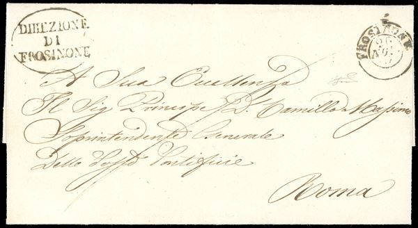 PONTIFICIO PRESA DI ROMA 1867 - Lettera in franchigia dalla Direzione postale di Frosinone 26/11/1867 a Roma, con interessantissimo testo storico-postale relativo a sei lettere assicurate dirette a militari Piemontesi ricevute nei giorni dell'occupazione garibaldina.