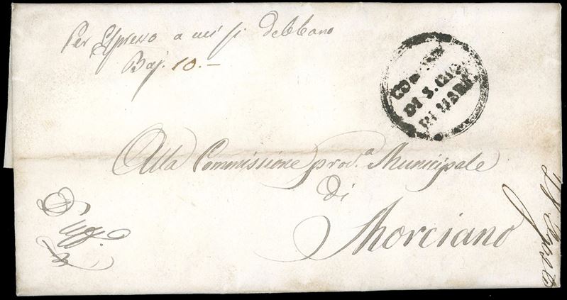 ROMAGNE - GOVERNO PROVVISORIO 1859 - Lettera trasportata privatamente da S.Giovanni in Marignano 26/8/1859 a Morciano, manoscritto sul fronte "Per Espresso a cui si debbano Baj. 10".  - Auction Philately - Cambi Casa d'Aste