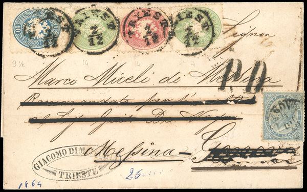 REGNO D'ITALIA 1864 - 3 kr. verde, due esemplari, uno dei quali con parte del filetto di inquadratura in basso, 5 kr. rosa, dent. 14, 10 kr. azzurro, dent. 9 1/2 (Austria Unif.23,24,30)