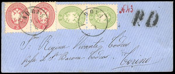 LOMBARDO VENETO 1863 - 3 soldi verde, coppia verticale, 5 soldi rosa, due esemplari, tutti dent. 9 1/2 (42,43), su fresca lettera di colore azzurro da Padova 17/1/1863 a Torino, bollo P.D.