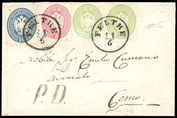 LOMBARDO VENETO 1865 - 3 soldi verde, due esemplari, 5 soldi rosa, 10 soldi azzurro, tutti dent. 9 1/2 (42,43,44), perfetti, su busta da Feltre 11/6/1865 a Como, bollo PD.