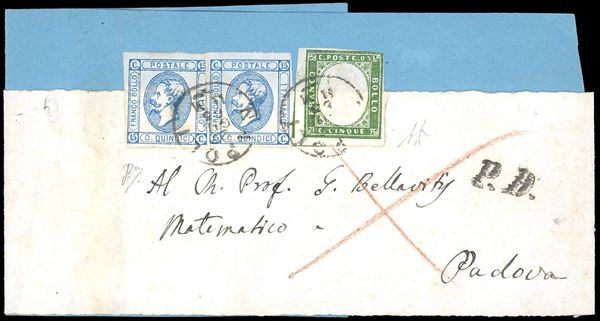 REGNO D'ITALIA 1863 - 15 cent. Litografico, I tipo, due esemplari (12), in affrancatura mista con 5 cent. verde cupo, IV emissione di Sardegna (13E)