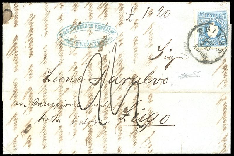 ROMAGNE - GOVERNO PROVVISORIO INCOMING MAIL AUSTRIA 1859 - 15 kr. azzurro, II tipo (Austria Unif.16)  - Auction Philately - Cambi Casa d'Aste