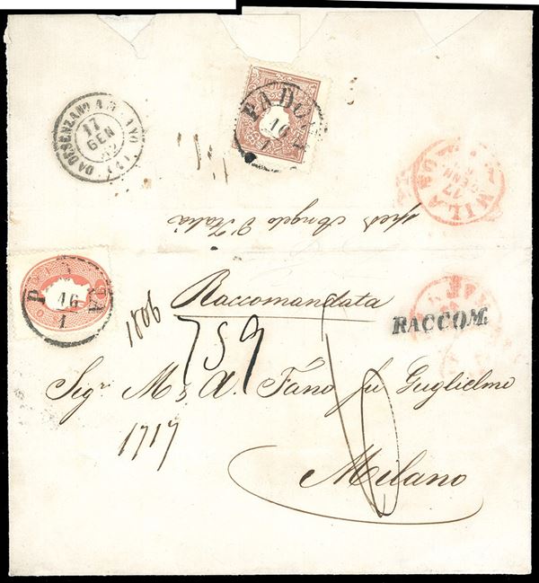 LOMBARDO VENETO 1862 - 5 soldi rosso e, al verso per il diritto di raccomandazione, 10 soldi bruno, II tipo (33,31), su fresca lettera raccomandata da Padova 16/1/1862 a Milano, tassata 60 cent.