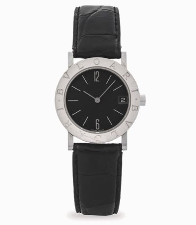 Orologio in acciaio con quadrante nero e indici a specchio, circa 2000