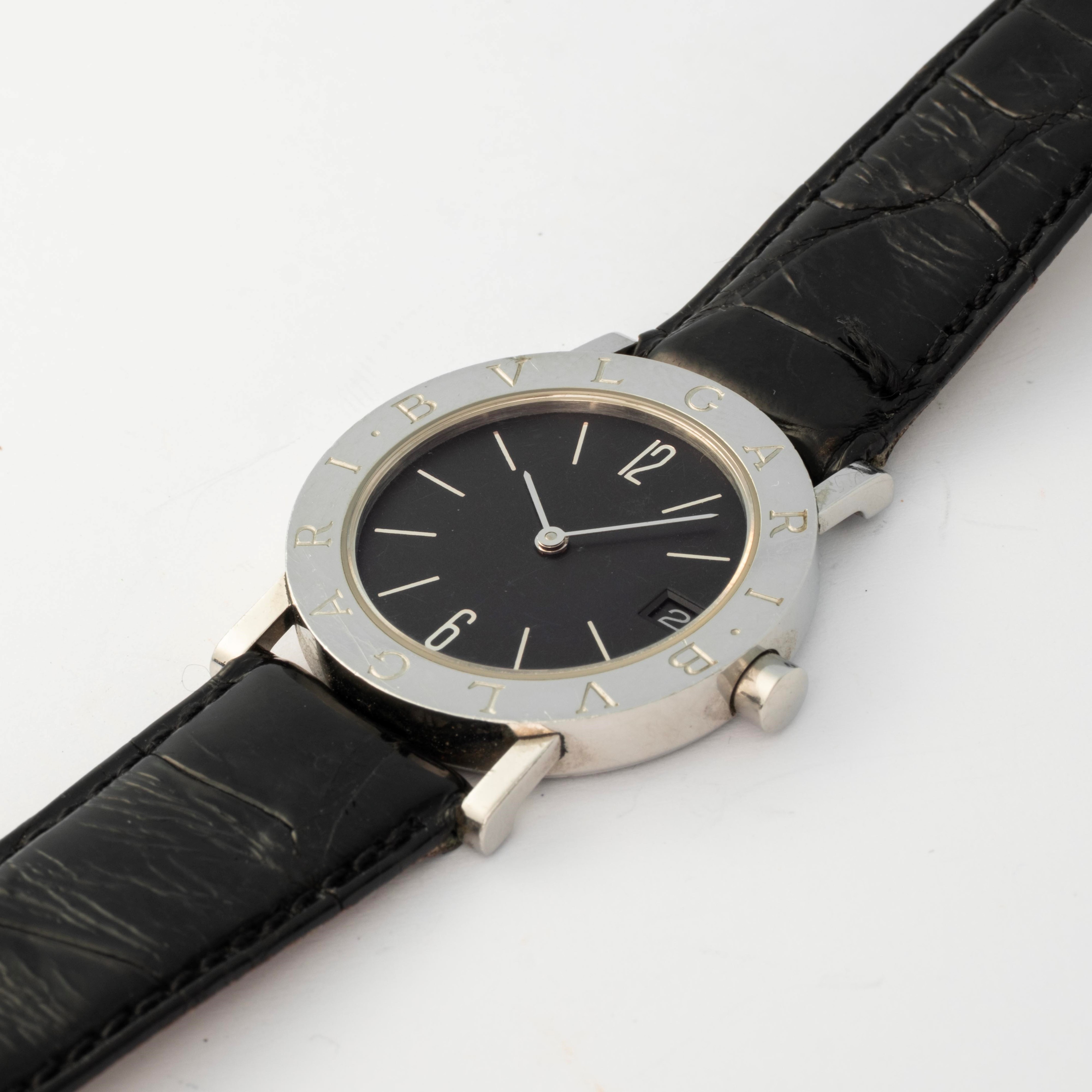 Bulgari - Orologio in acciaio con quadrante nero e indici a specchio, circa 2000