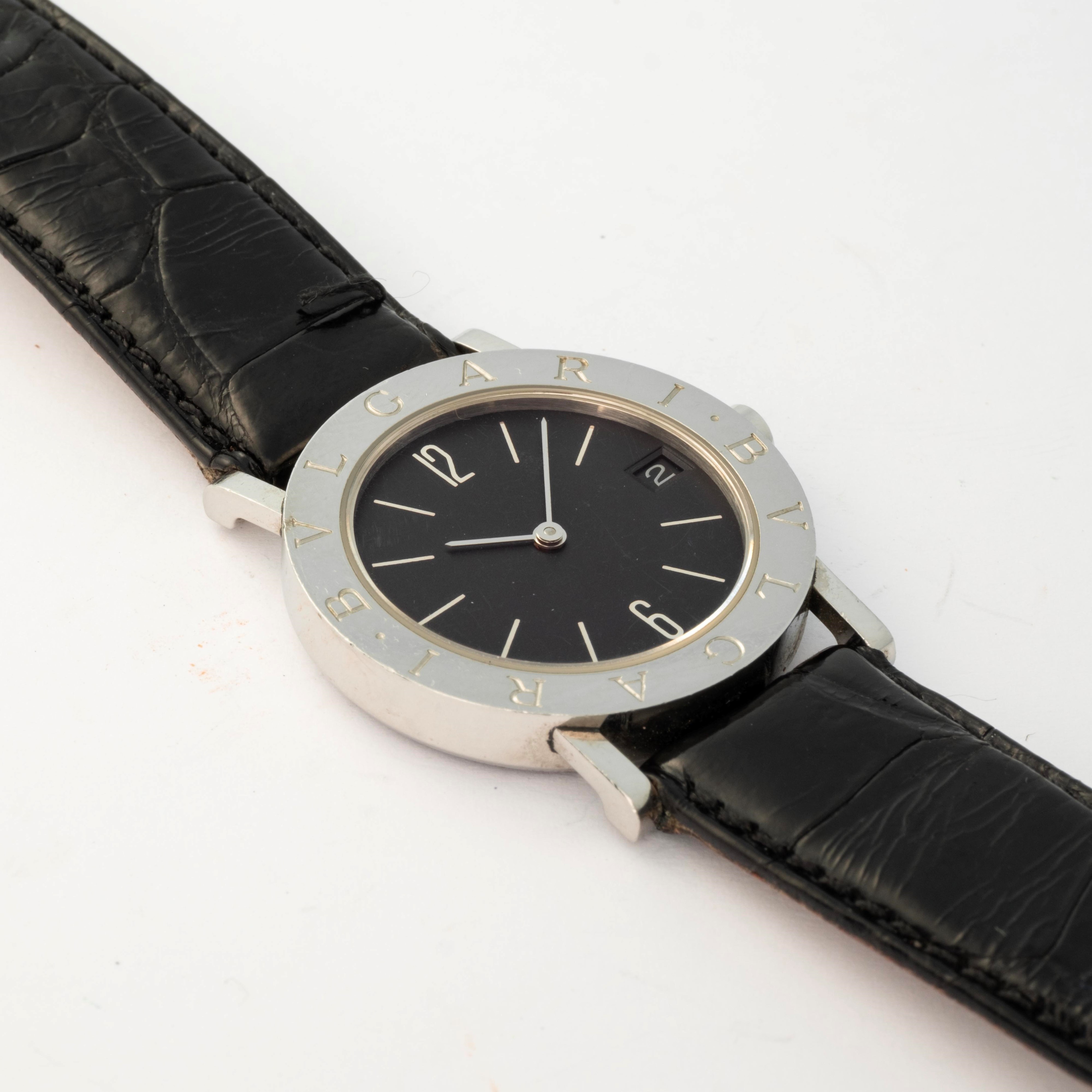 Bulgari - Orologio in acciaio con quadrante nero e indici a specchio, circa 2000