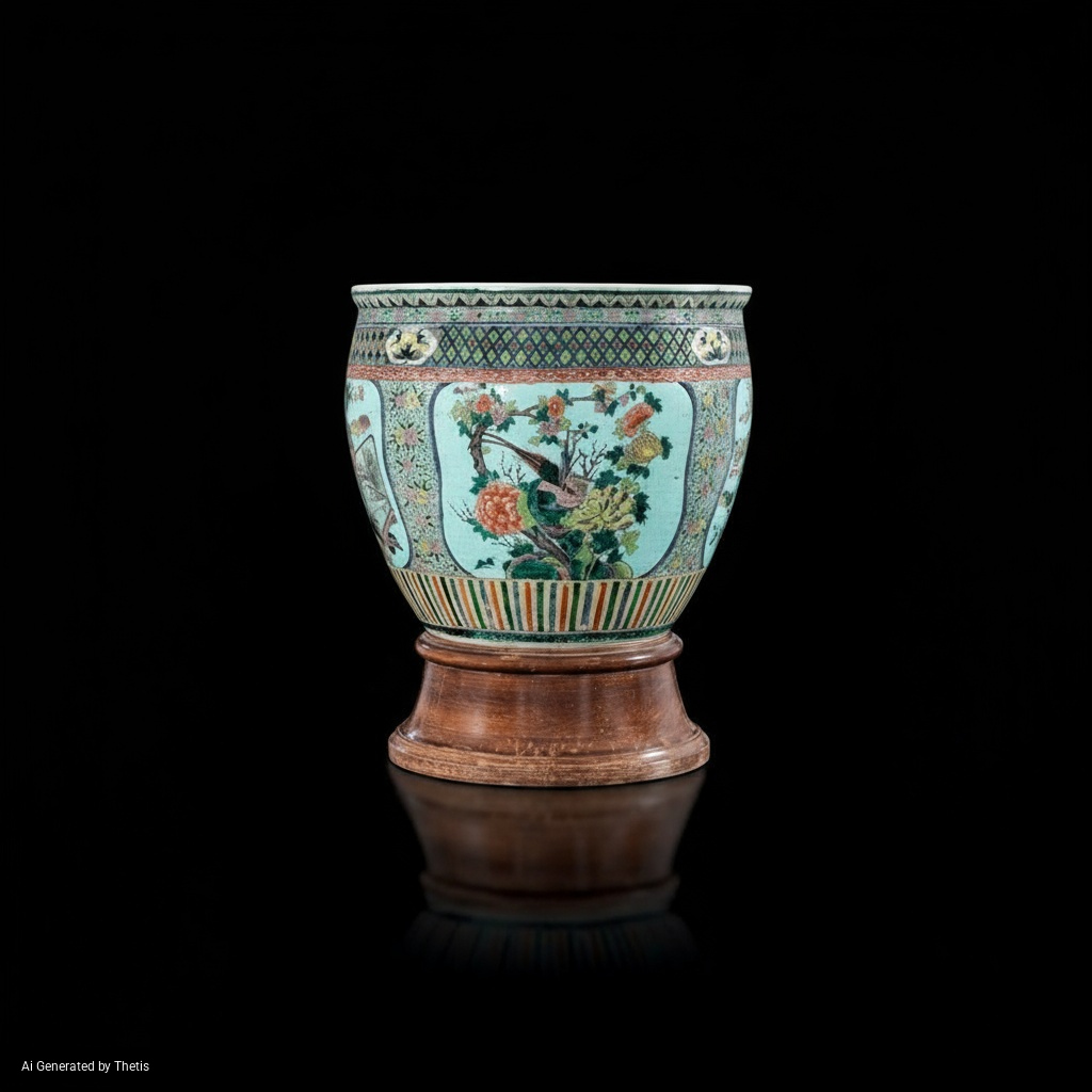 Cachepot in Porcellana Famiglia Verde Raffigurante Fiori Entro Riserve, Decori Geometrici e Flore...