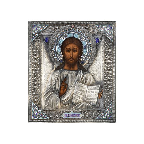 Cristo Pantocratore. Riza, Mosca, XIX-XX secolo. Marchi in uso dal 1894 al 1908, marchio dell'argentiere  [..]