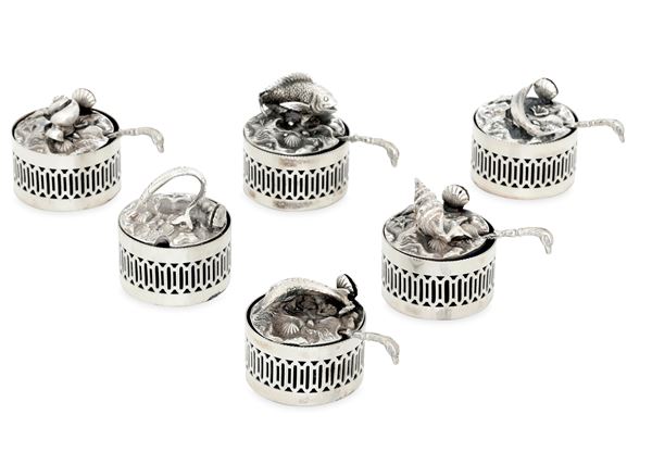 Sei saliere segnaposto a soggetto marinaro. Argenteria artistica milanese del XX secolo. Argentiere FIAM per Faccioli