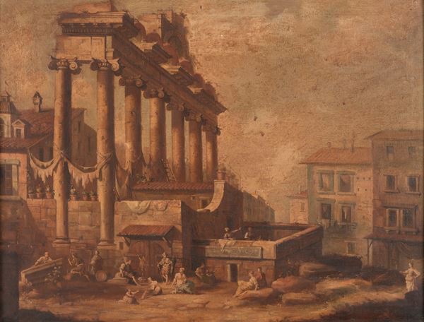 Scuola del XVIII secolo Veduta con architetture classiche e figure