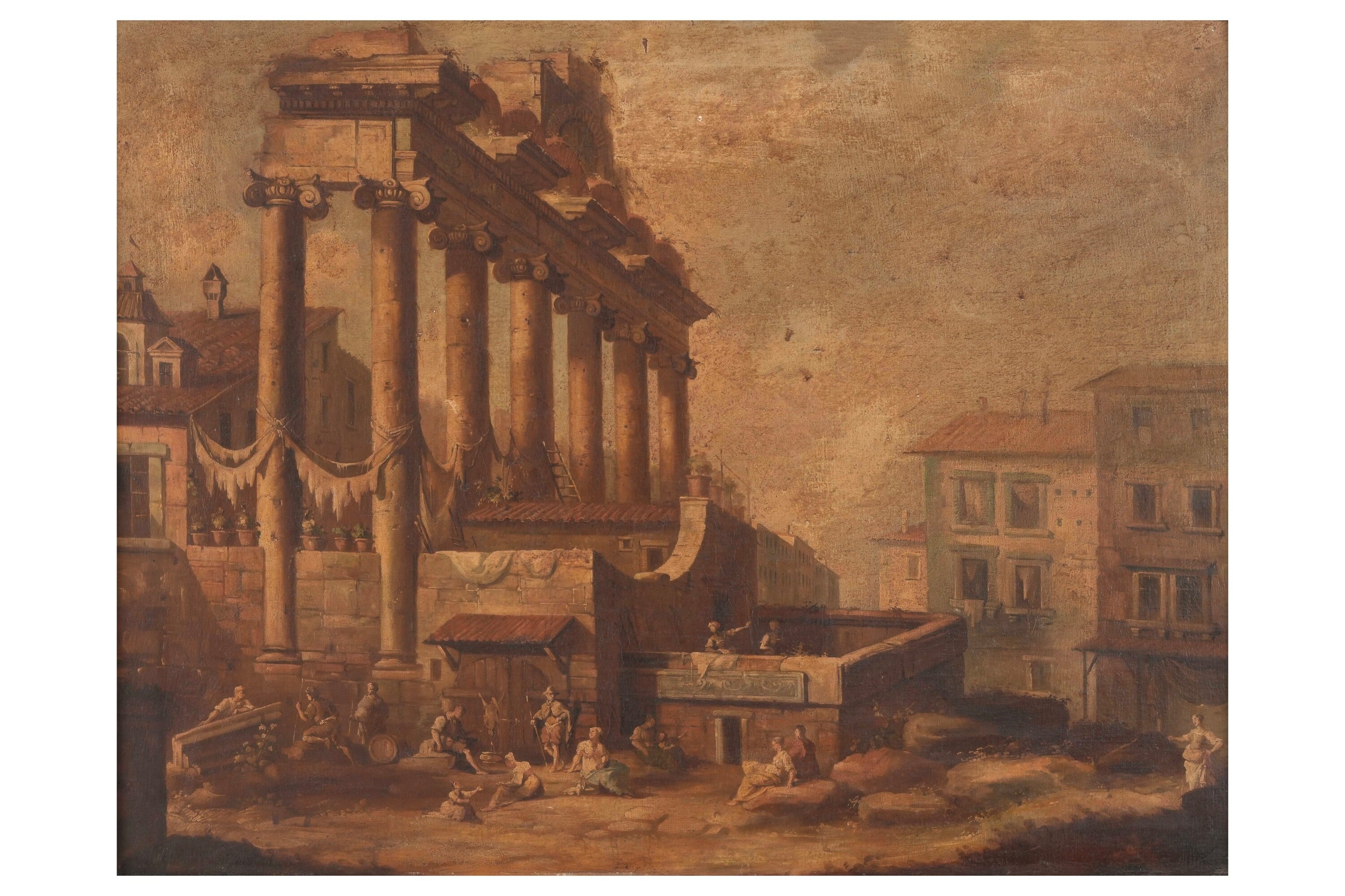 Scuola del XVIII secolo Veduta con architetture classiche e figure