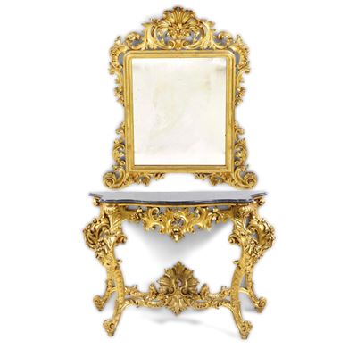 Console con Specchiera in Legno Intagliato e Dorato. Metà del XIX Secolo